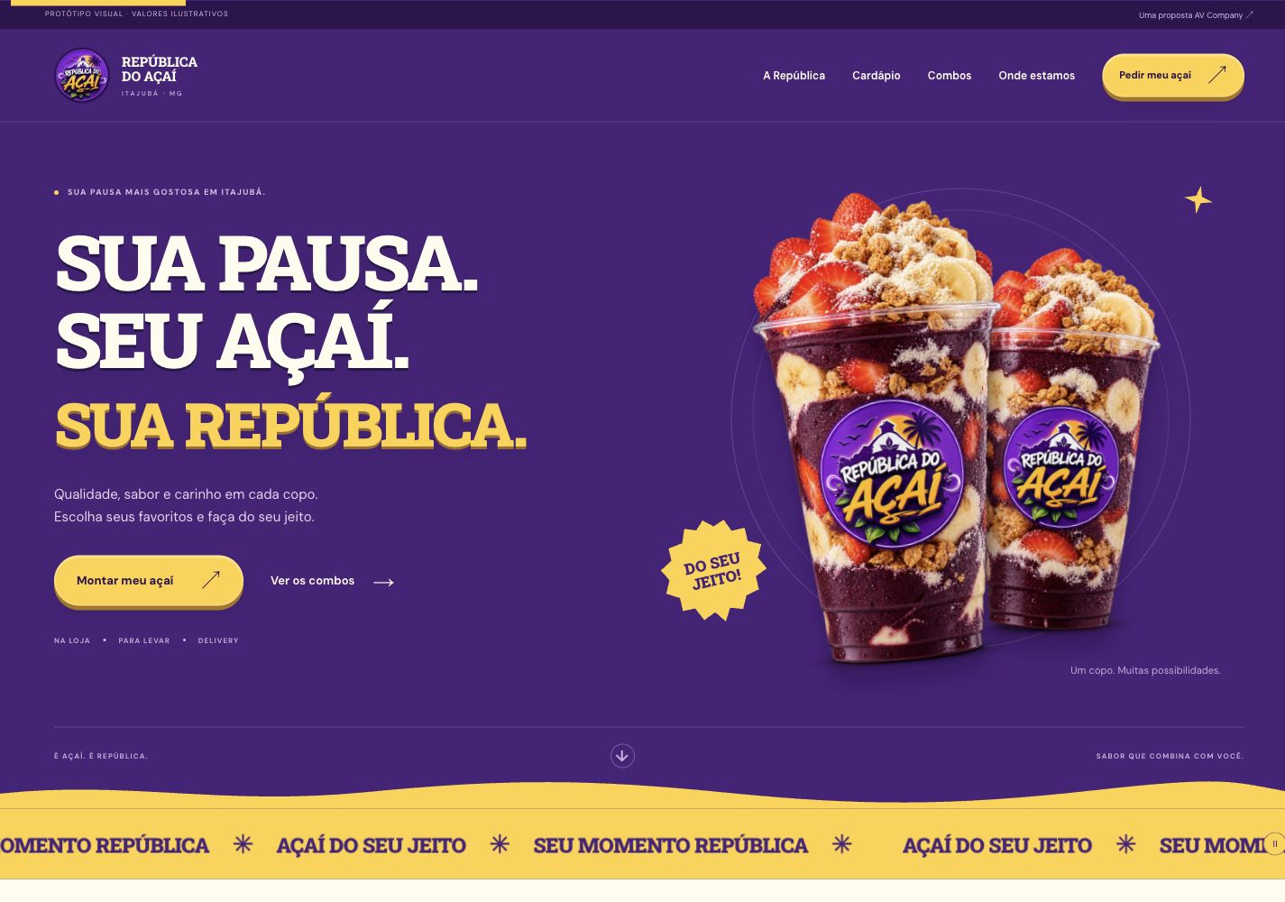 Novo conceito de site da República do Açaí, com roxo, amarelo e produtos em destaque