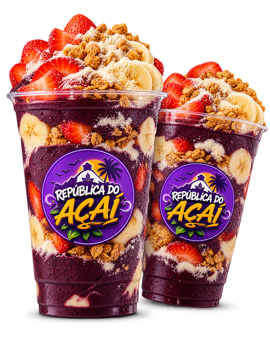 Conceito de dois copos de açaí com a identidade roxa e amarela da República
