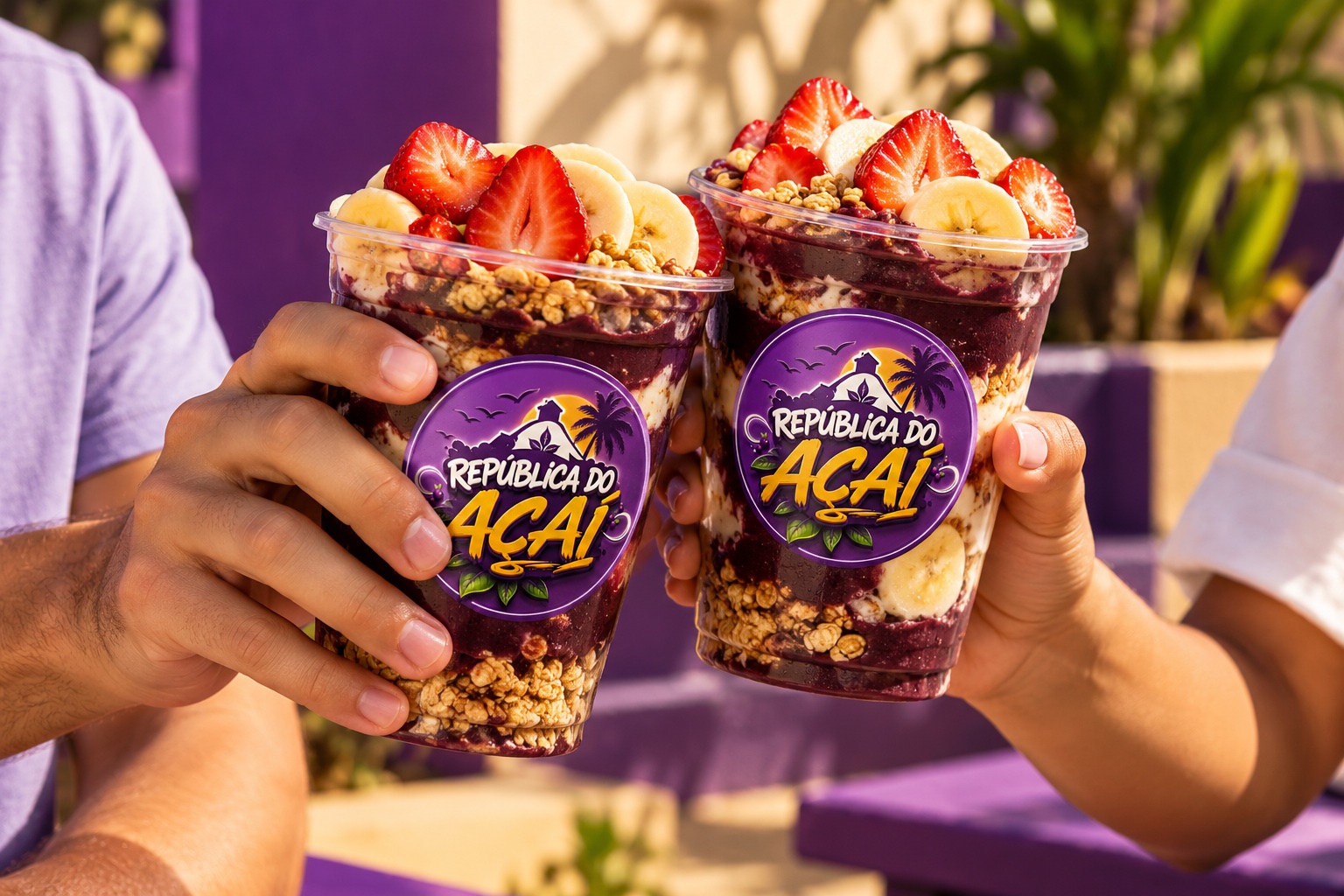 Imagem de conceito de dois amigos compartilhando um momento com açaí